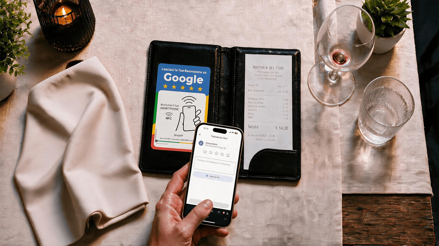 Card RecensioniCard nel portaconto di un ristorante
